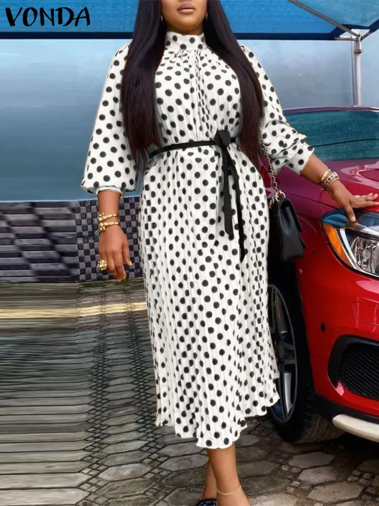 Plus Size VONDA 2024 Women Polka Dot Maxi Dress bohemian Pleated Long Sleeve Party Vestidos Fashion Robe Stand Collar Sundress