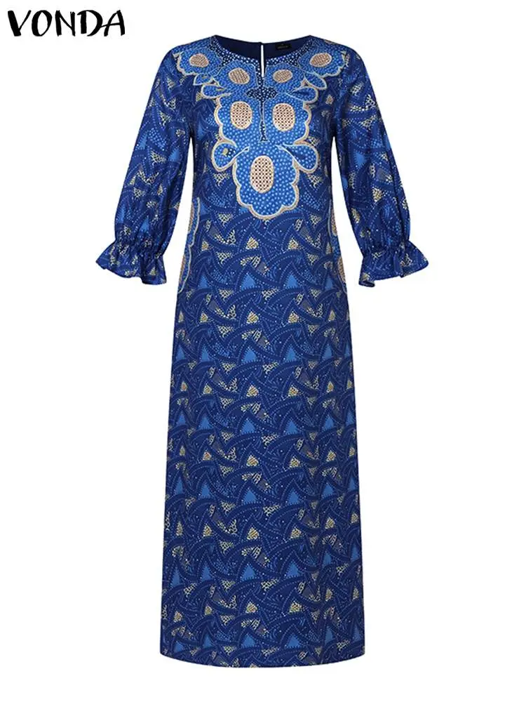Plus Size 5XL VONDA 2024 Women Dress Autumn New Crew Neck Puff Sleeve Vintage Floral Printed Dress Party Maxi Long Robe Holiday