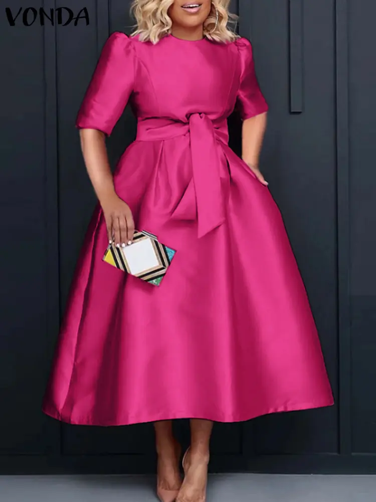 Plus Size Women Stain Dress 2024 Summer Sexy Puff Sleeve Evening Party Dress VONDA Beach Sundres Casual Loose Robe Vestidos