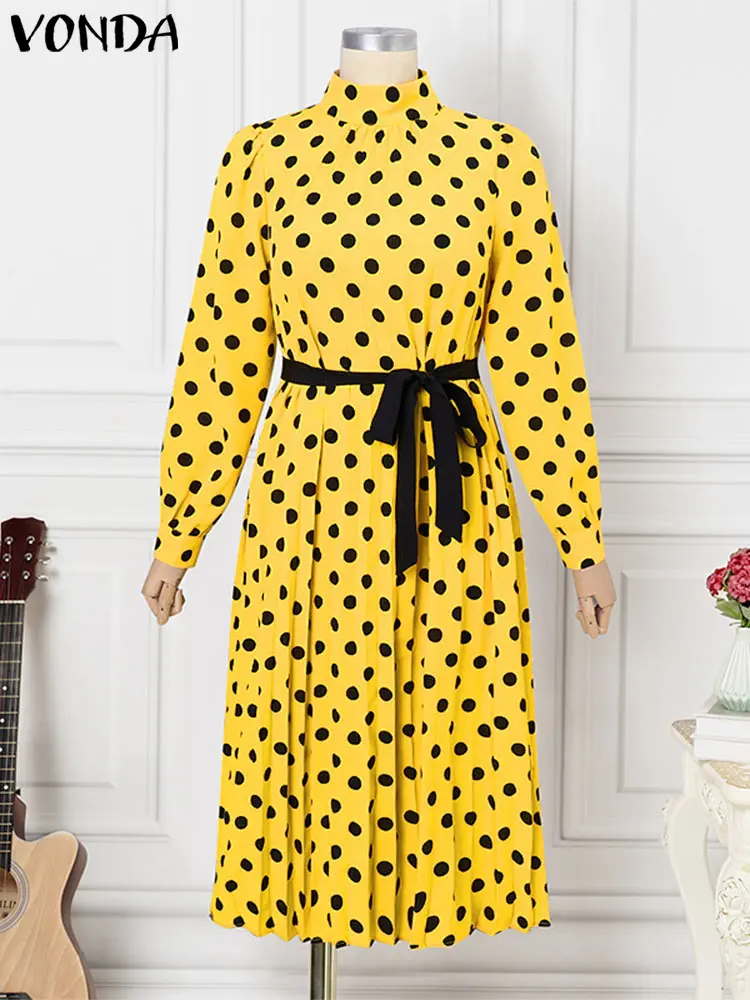Plus Size VONDA 2024 Women Polka Dot Maxi Dress bohemian Pleated Long Sleeve Party Vestidos Fashion Robe Stand Collar Sundress