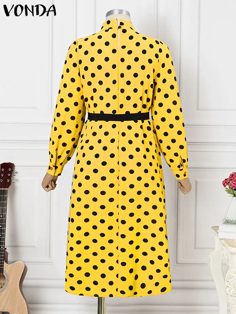 Plus Size VONDA 2024 Women Polka Dot Maxi Dress bohemian Pleated Long Sleeve Party Vestidos Fashion Robe Stand Collar Sundress