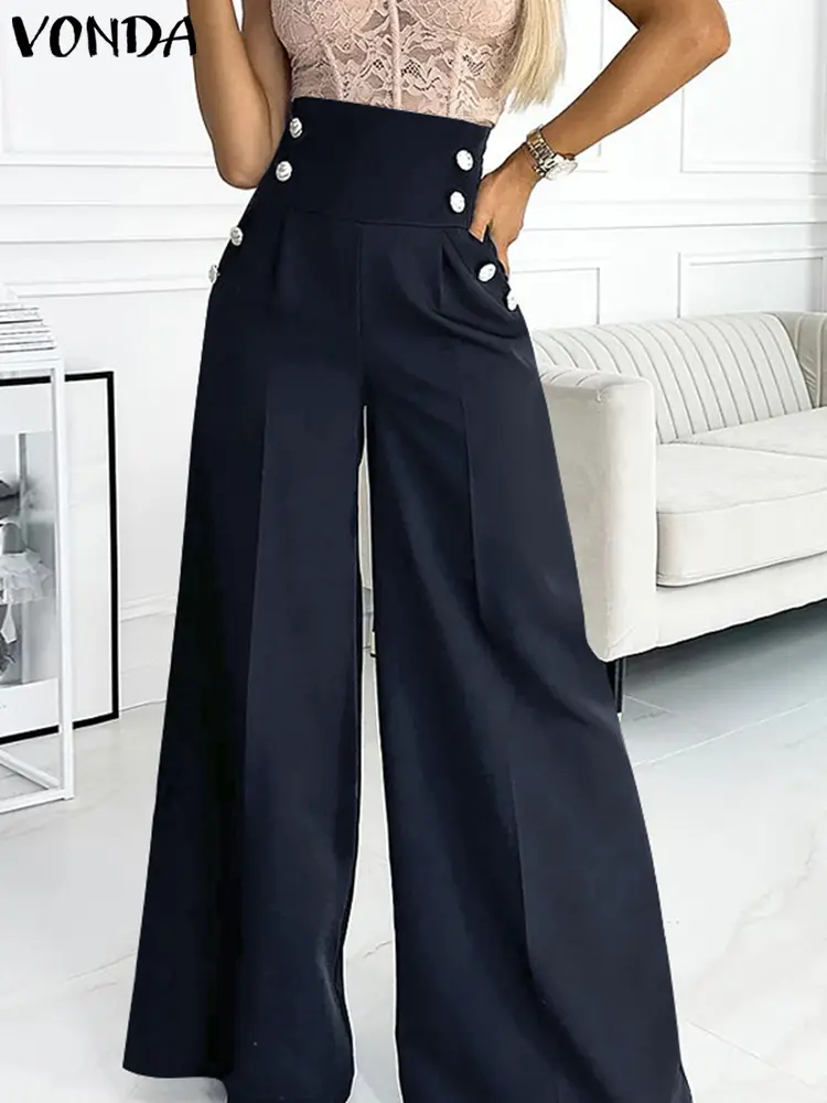 VONDA Women High Waist Wide Leg Pants Casual Solid Color Long Trousers Double Breasted Design Autumn 2024 Bottoms Oversized