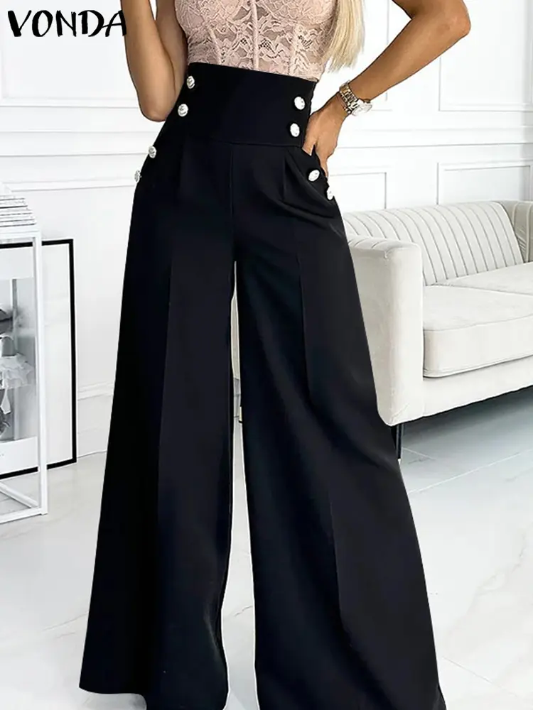 VONDA Women High Waist Wide Leg Pants Casual Solid Color Long Trousers Double Breasted Design Autumn 2024 Bottoms Oversized