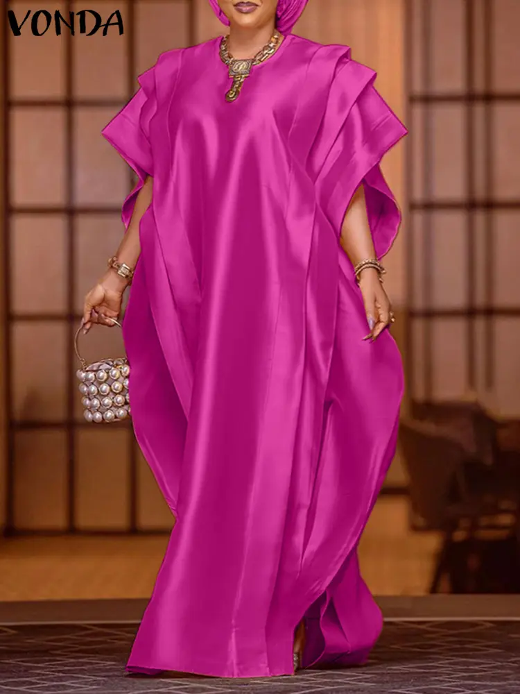 VONDA 2025 Summer Maxi Dress Women Elegant Short Sleeve Ruffled Satin Party Sundress Casual Loose Solid Oversized Robe Femme