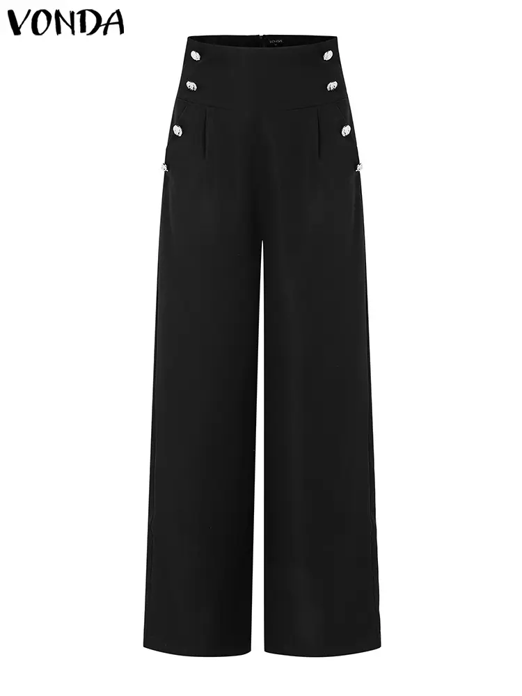 VONDA Women High Waist Wide Leg Pants Casual Solid Color Long Trousers Double Breasted Design Autumn 2024 Bottoms Oversized