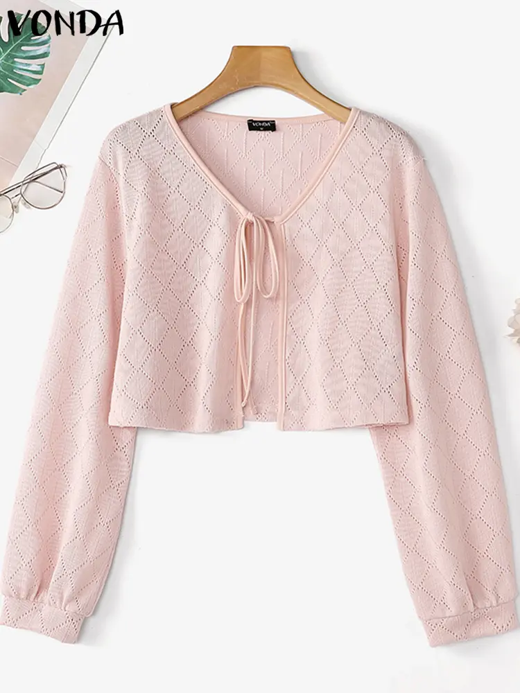 VONDA Women Outerwear 2024 Bohemian Tops Causal Long Sleeve Elegant Blouses Solid Color Tip Up Party Knitted Tops Oversized