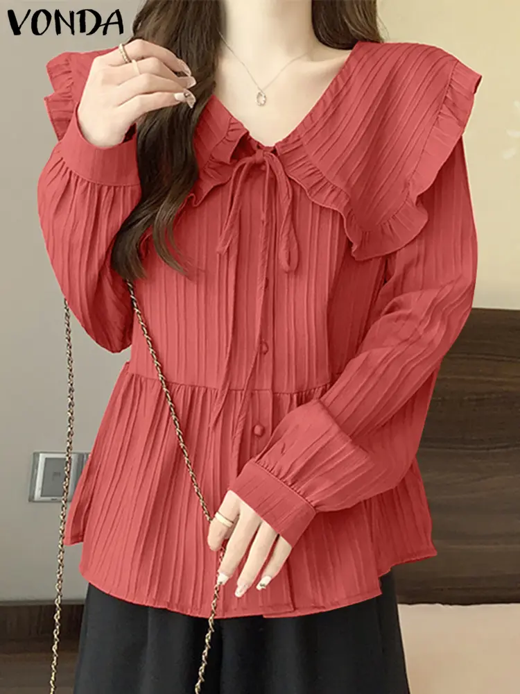 VONDA Bohemian Blouses Women Tops 2025 Spring Ruffled Shirts Loose Long Sleeve Blusas Casual O-Neck Lace Up Tunic Oversized