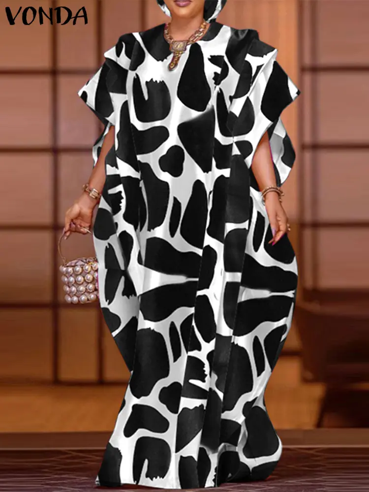 VONDA Women Bohemian Maxi Long Dress 2024 Summer Sundress Casual Short Sleeve Ruffled Printed Robe Loose Oversized Party Vestido