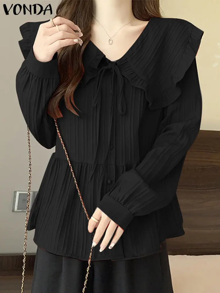 VONDA Bohemian Blouses Women Tops 2025 Spring Ruffled Shirts Loose Long Sleeve Blusas Casual O-Neck Lace Up Tunic Oversized