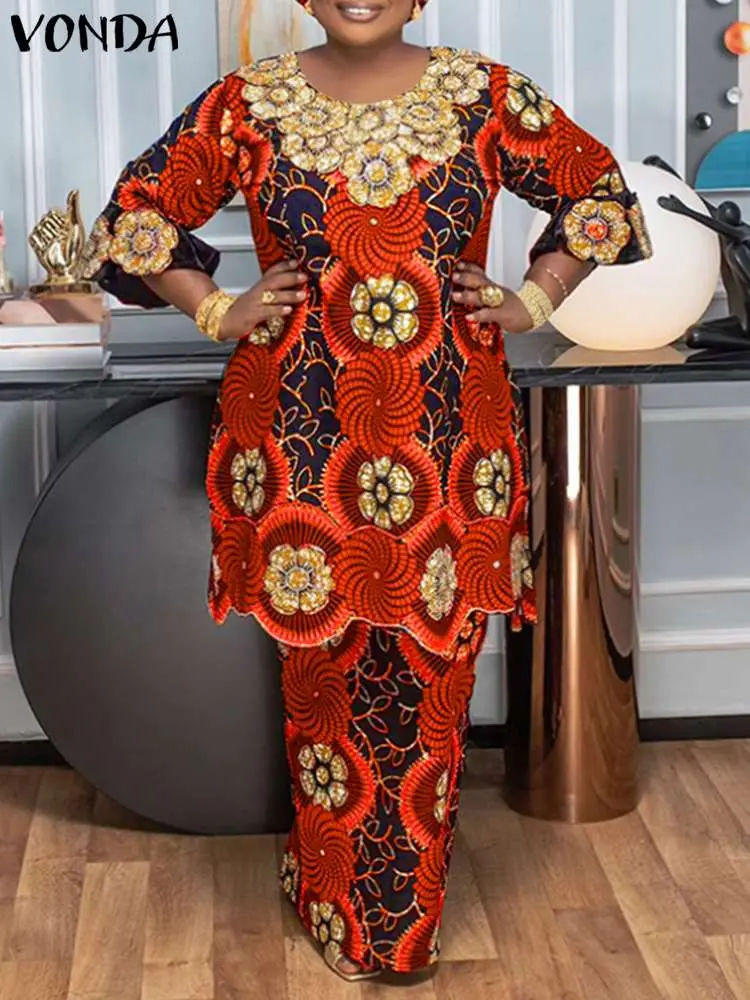 Plus Size VONDA Women Dress Sets Bohemian Round Neck Vintage Ethnic Style Floral Printed Long Blouse And Elastic Waist Skirts