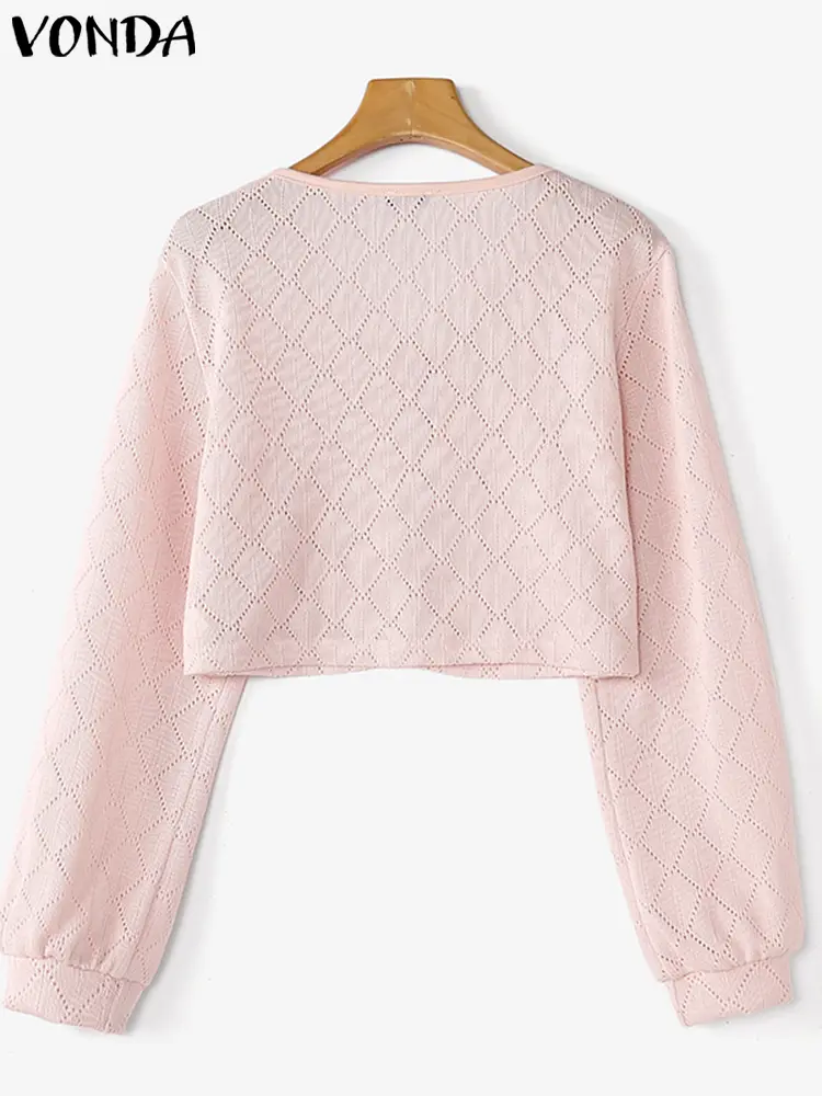 VONDA Women Outerwear 2024 Bohemian Tops Causal Long Sleeve Elegant Blouses Solid Color Tip Up Party Knitted Tops Oversized