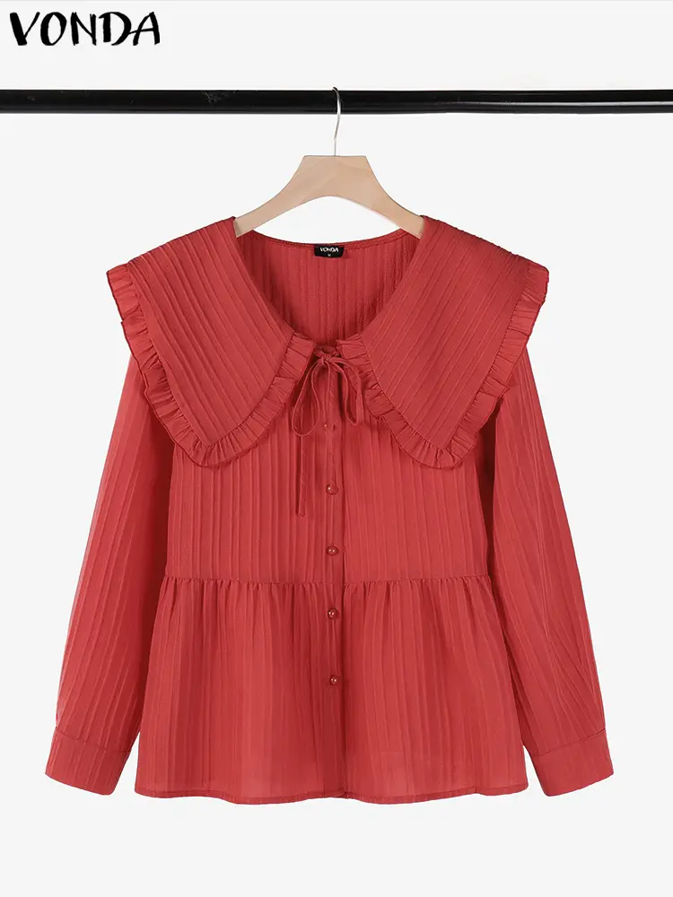 VONDA Bohemian Blouses Women Tops 2025 Spring Ruffled Shirts Loose Long Sleeve Blusas Casual O-Neck Lace Up Tunic Oversized