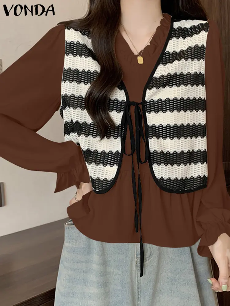 VONDA Patchwork Blouses Women Tops Casual Loose V-Neck Blusas 2025 Bohemian Party Tunics Long Sleeve Fake Two Piece Blusas