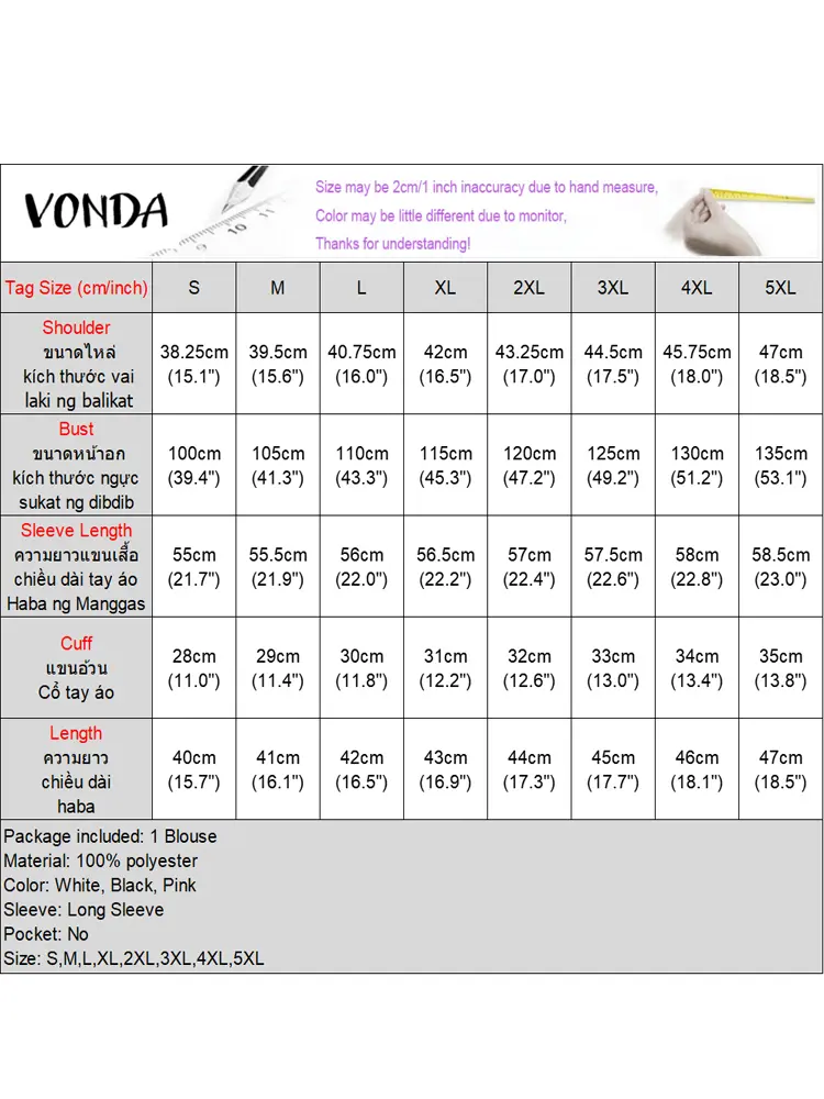 VONDA Women Outerwear 2024 Bohemian Tops Causal Long Sleeve Elegant Blouses Solid Color Tip Up Party Knitted Tops Oversized
