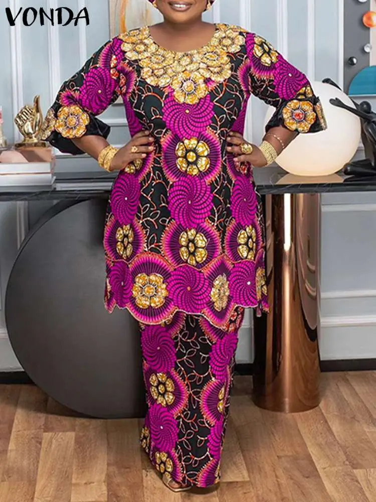 Plus Size VONDA Women Dress Sets Bohemian Round Neck Vintage Ethnic Style Floral Printed Long Blouse And Elastic Waist Skirts