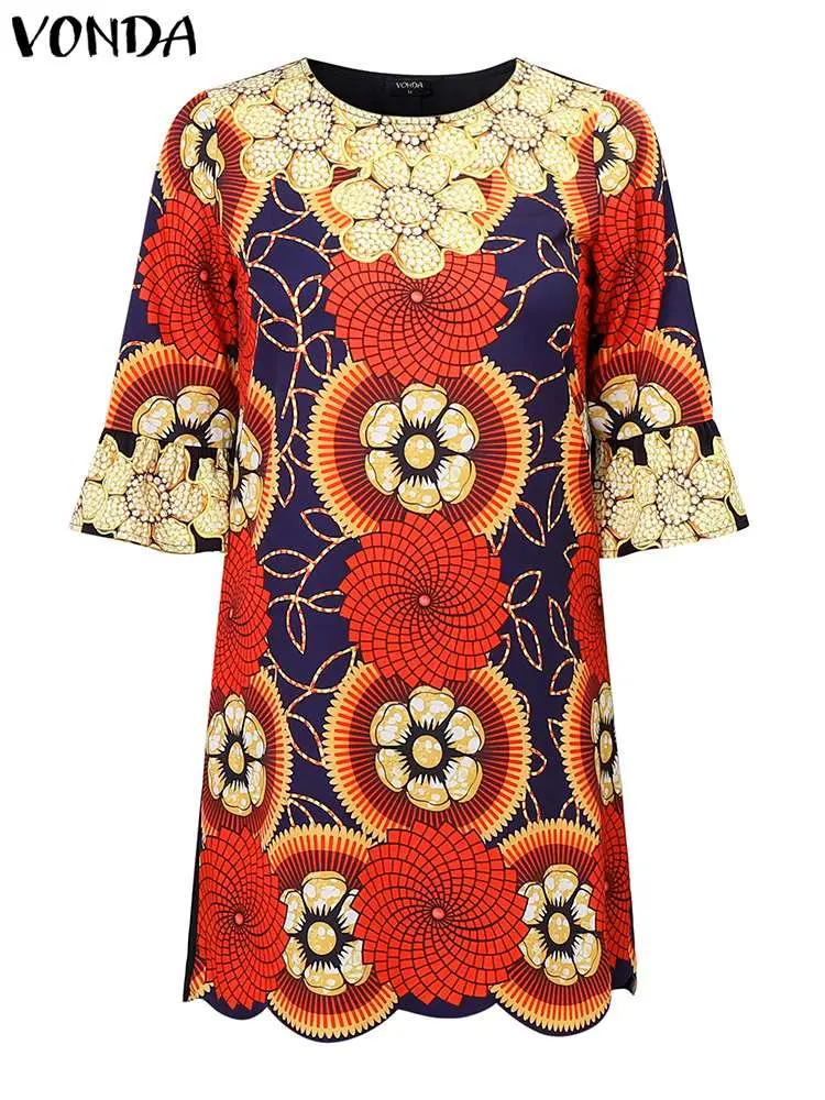 Plus Size VONDA Women Dress Sets Bohemian Round Neck Vintage Ethnic Style Floral Printed Long Blouse And Elastic Waist Skirts