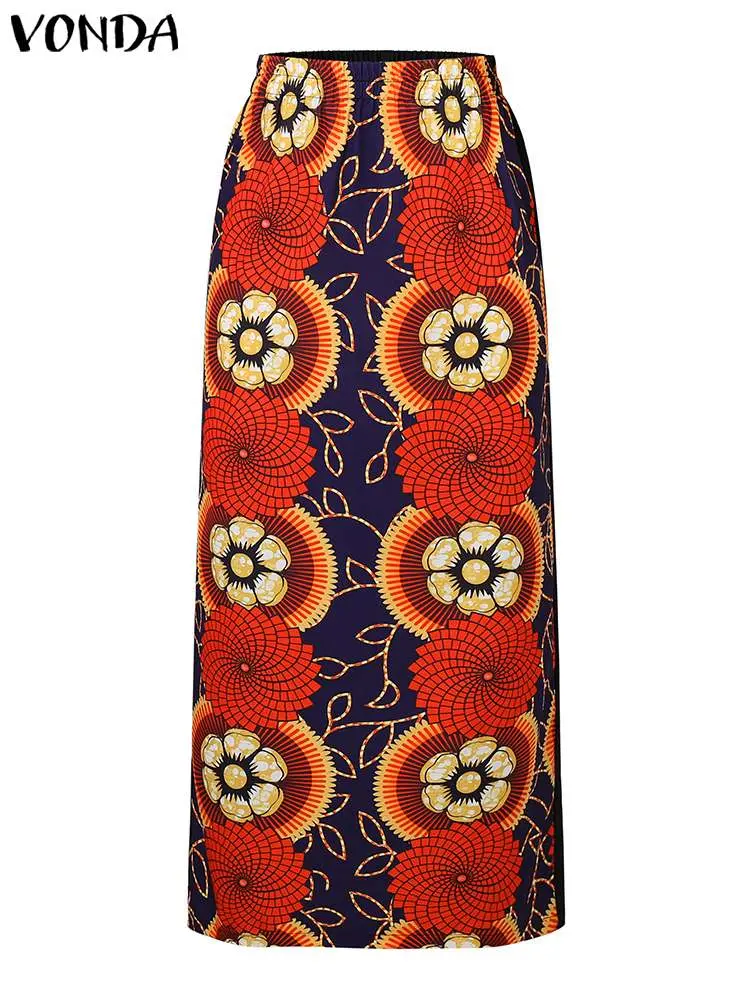 Plus Size VONDA Women Dress Sets Bohemian Round Neck Vintage Ethnic Style Floral Printed Long Blouse And Elastic Waist Skirts