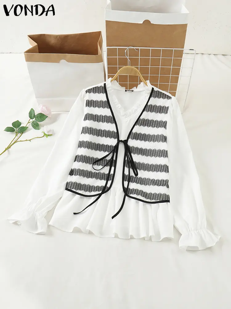 VONDA Patchwork Blouses Women Tops Casual Loose V-Neck Blusas 2025 Bohemian Party Tunics Long Sleeve Fake Two Piece Blusas