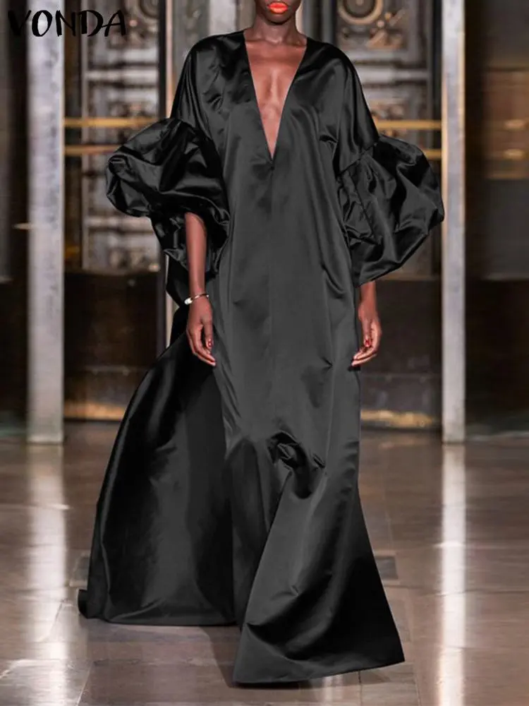 Plus Size 5XL VONDA 2024 Women Elegant Party Dress Autumn Lantern Sleeve Solid Satin Evening Sundress Casual V-Neck Maxi Robe