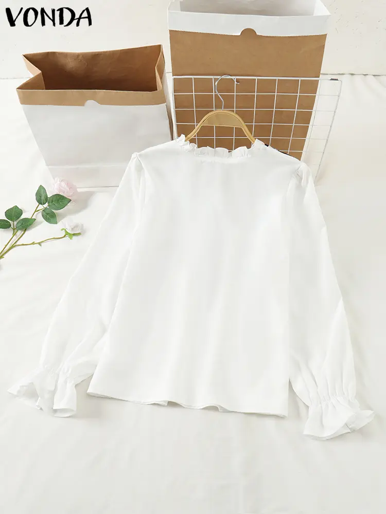 VONDA Patchwork Blouses Women Tops Casual Loose V-Neck Blusas 2025 Bohemian Party Tunics Long Sleeve Fake Two Piece Blusas