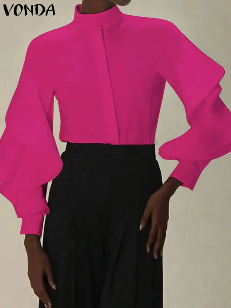 VONDA Women Elegant Ruffled Shirts Tops 2025 Casual Loose Turtleneck Long Sleeve Blusas Female Solid Color Tunic Oversized