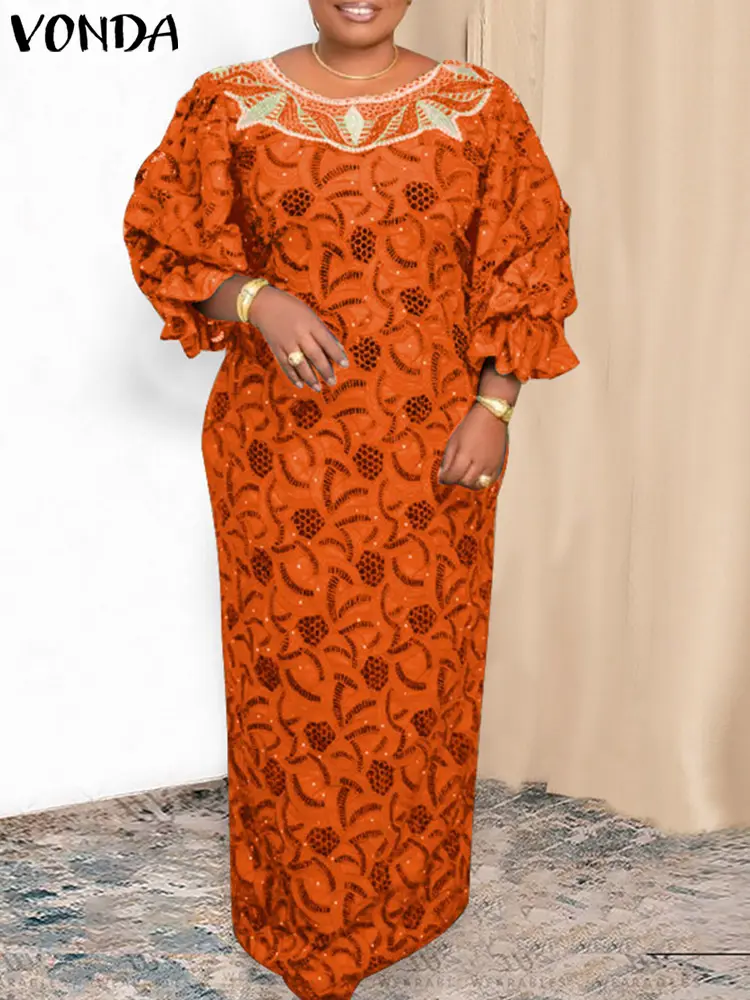 VONDA Plus Size 5XL Women Maxi Long Dress 2025 Bohemian Dress Round Neck Lantern Sleeve Sexy Printed Sundress Vestido