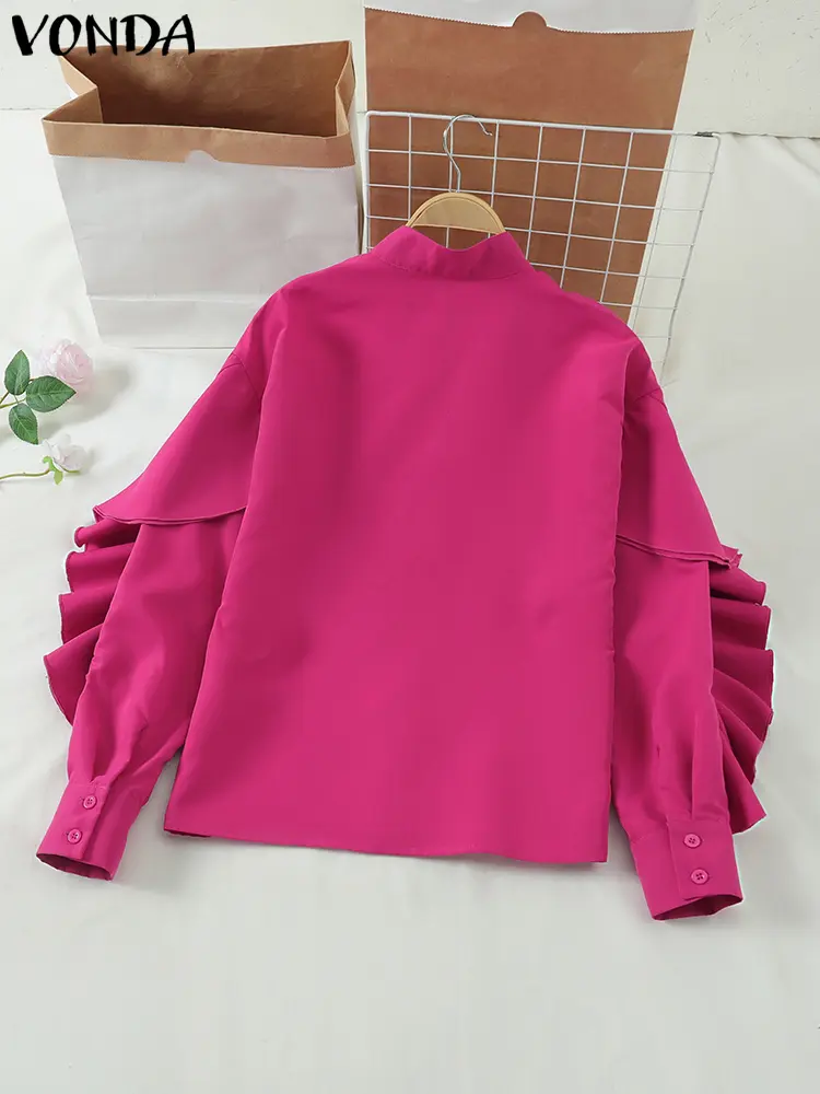 VONDA Women Elegant Ruffled Shirts Tops 2025 Casual Loose Turtleneck Long Sleeve Blusas Female Solid Color Tunic Oversized