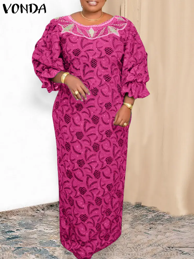 VONDA Plus Size 5XL Women Maxi Long Dress 2025 Bohemian Dress Round Neck Lantern Sleeve Sexy Printed Sundress Vestido