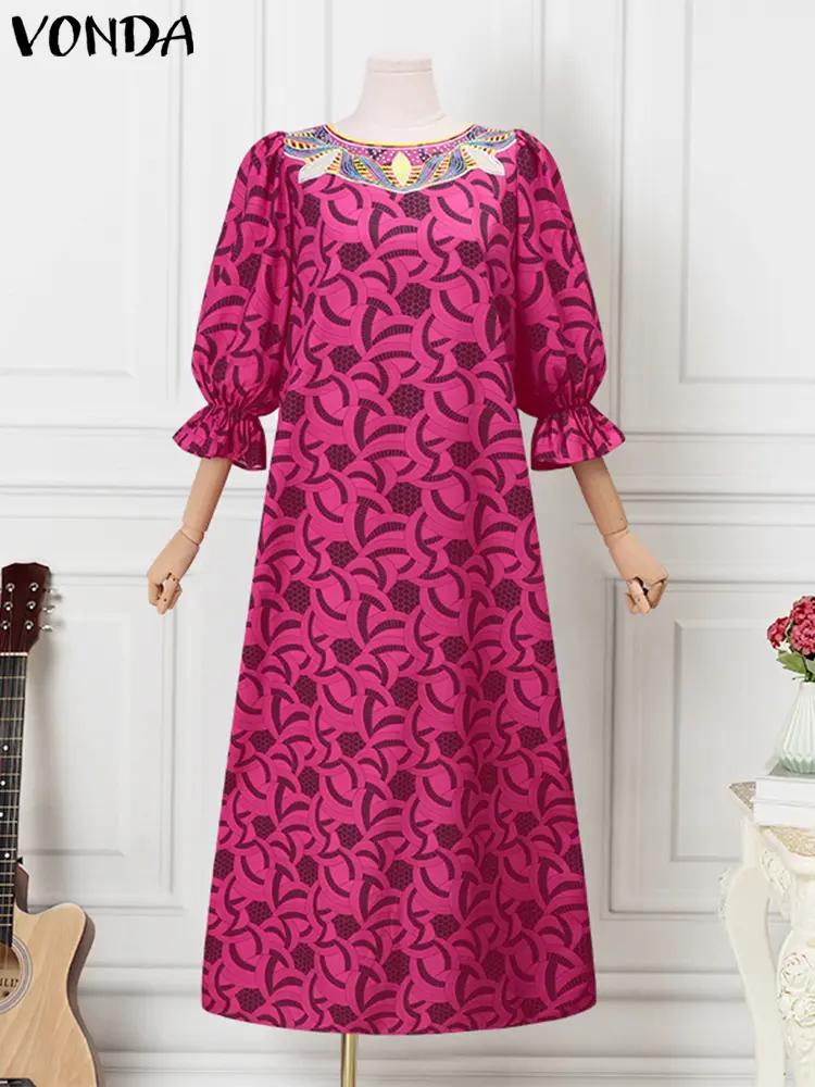 VONDA Plus Size 5XL Women Maxi Long Dress 2025 Bohemian Dress Round Neck Lantern Sleeve Sexy Printed Sundress Vestido