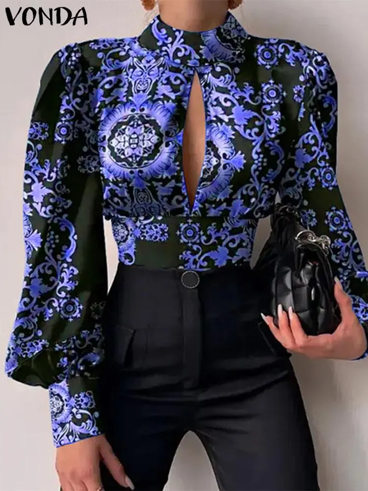 VONDA Women Blouse 2024 High Neck Hollow Out Blusas Casual Long Lantern Sleeve Print American Style Fashion sexy Tops Vintage