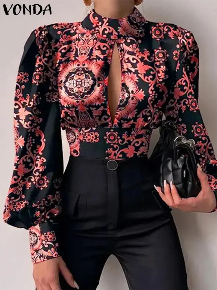 VONDA Women Blouse 2024 High Neck Hollow Out Blusas Casual Long Lantern Sleeve Print American Style Fashion sexy Tops Vintage