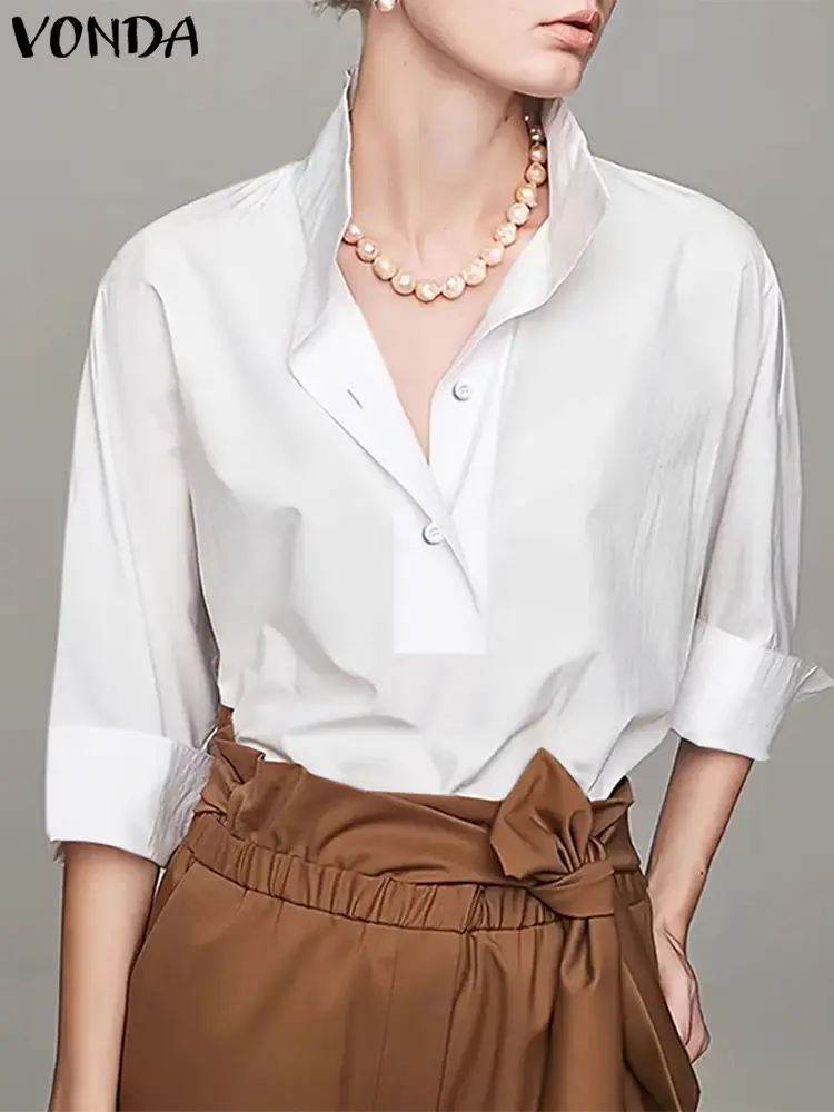 2024 VONDA Loose Blusas Women Causal Long Sleeve Tops Elegant Solid Button Up Front Blouse Spring Vintage Style Oversize Shirts