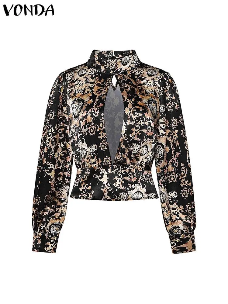 VONDA Women Blouse 2024 High Neck Hollow Out Blusas Casual Long Lantern Sleeve Print American Style Fashion sexy Tops Vintage