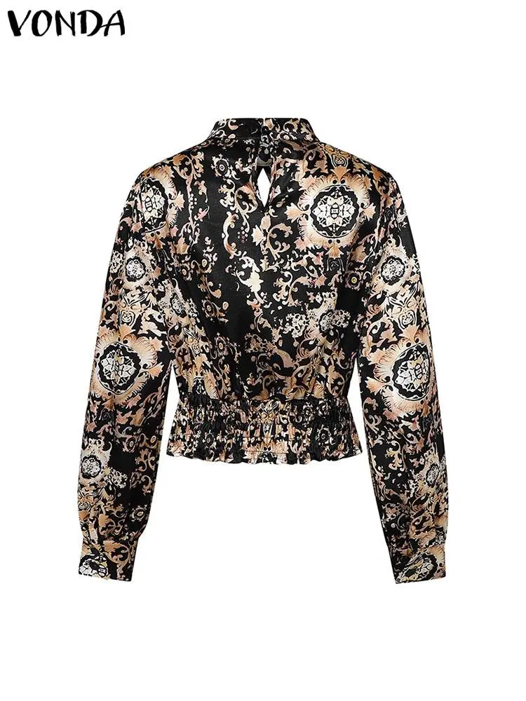 VONDA Women Blouse 2024 High Neck Hollow Out Blusas Casual Long Lantern Sleeve Print American Style Fashion sexy Tops Vintage
