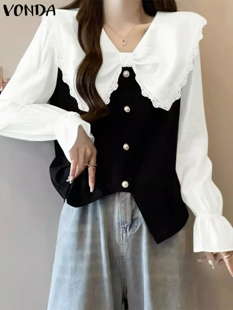 Women Doll Collar Tops Blouses Bohemian Long Sleeve Lace Patchwork Shirts Bow Tuncis 2025 VONDA Casual Loose Blusas Oversized