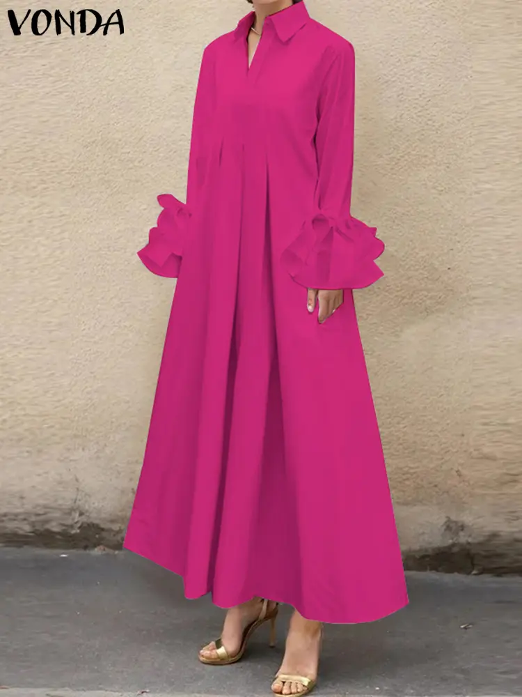 Women 2025 Elegant Solid Color Dress Ruffle Pleated Maxi Long Dress VONDA Casual Loose Sundress Lapel Collar Long Sleeve Robe