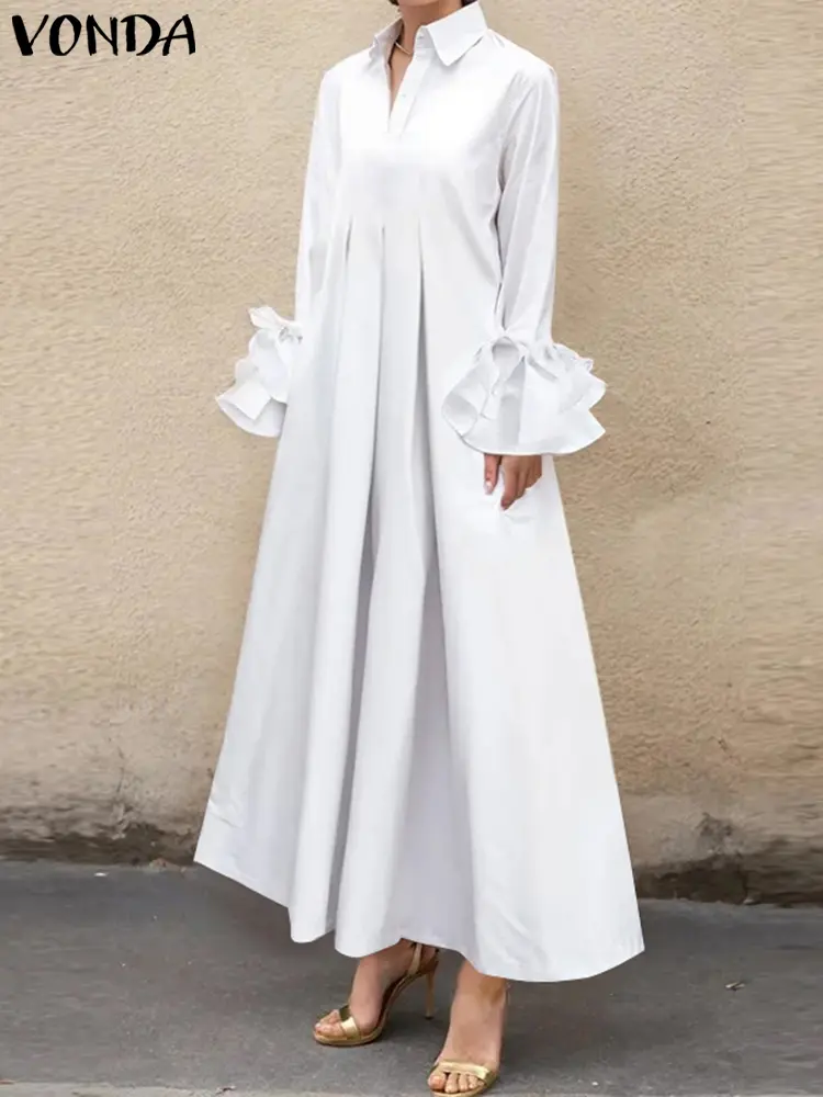 Women 2025 Elegant Solid Color Dress Ruffle Pleated Maxi Long Dress VONDA Casual Loose Sundress Lapel Collar Long Sleeve Robe