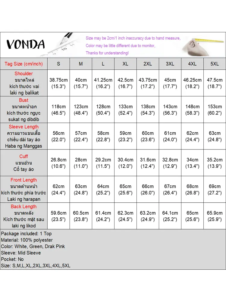 2024 VONDA Loose Blusas Women Causal Long Sleeve Tops Elegant Solid Button Up Front Blouse Spring Vintage Style Oversize Shirts