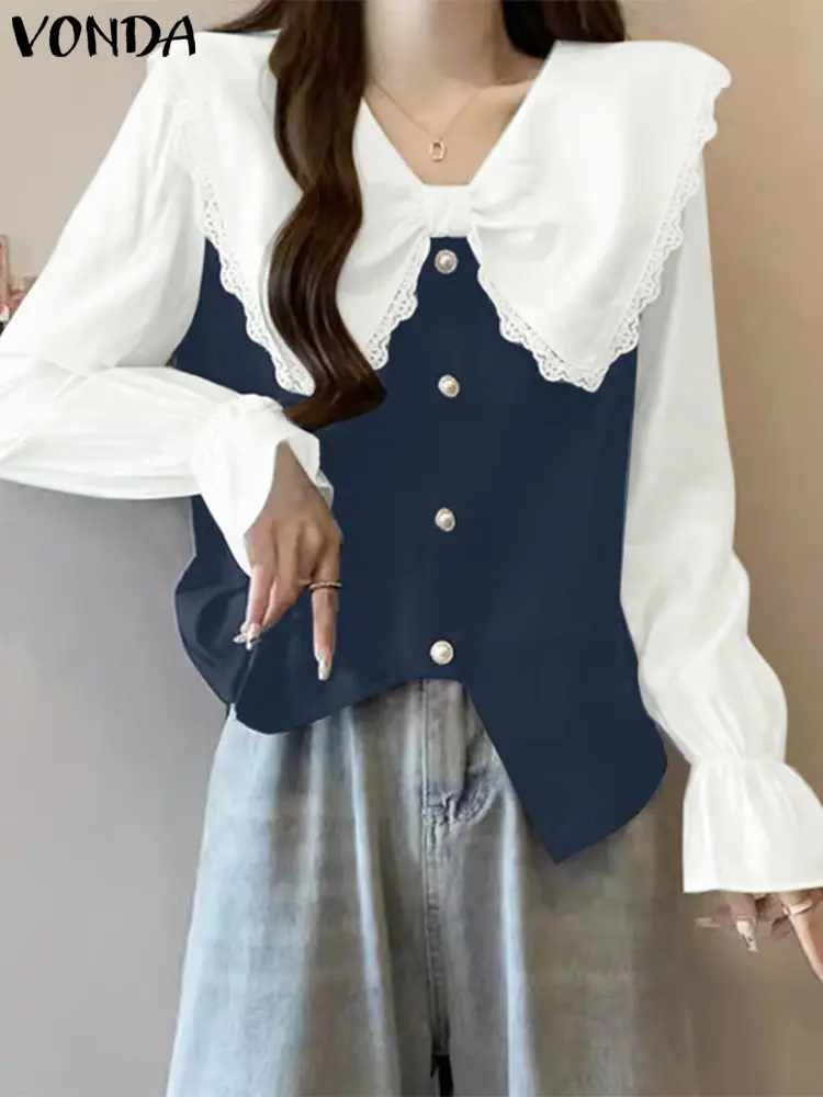 Women Doll Collar Tops Blouses Bohemian Long Sleeve Lace Patchwork Shirts Bow Tuncis 2025 VONDA Casual Loose Blusas Oversized