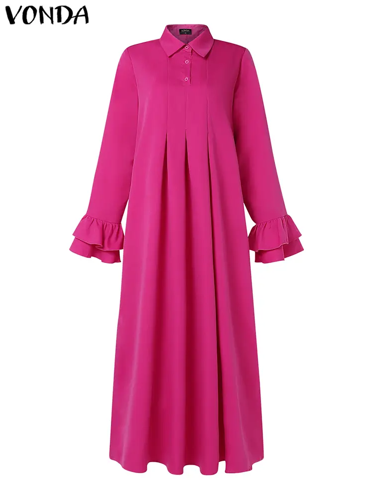 Women 2025 Elegant Solid Color Dress Ruffle Pleated Maxi Long Dress VONDA Casual Loose Sundress Lapel Collar Long Sleeve Robe