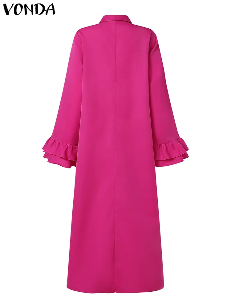 Women 2025 Elegant Solid Color Dress Ruffle Pleated Maxi Long Dress VONDA Casual Loose Sundress Lapel Collar Long Sleeve Robe
