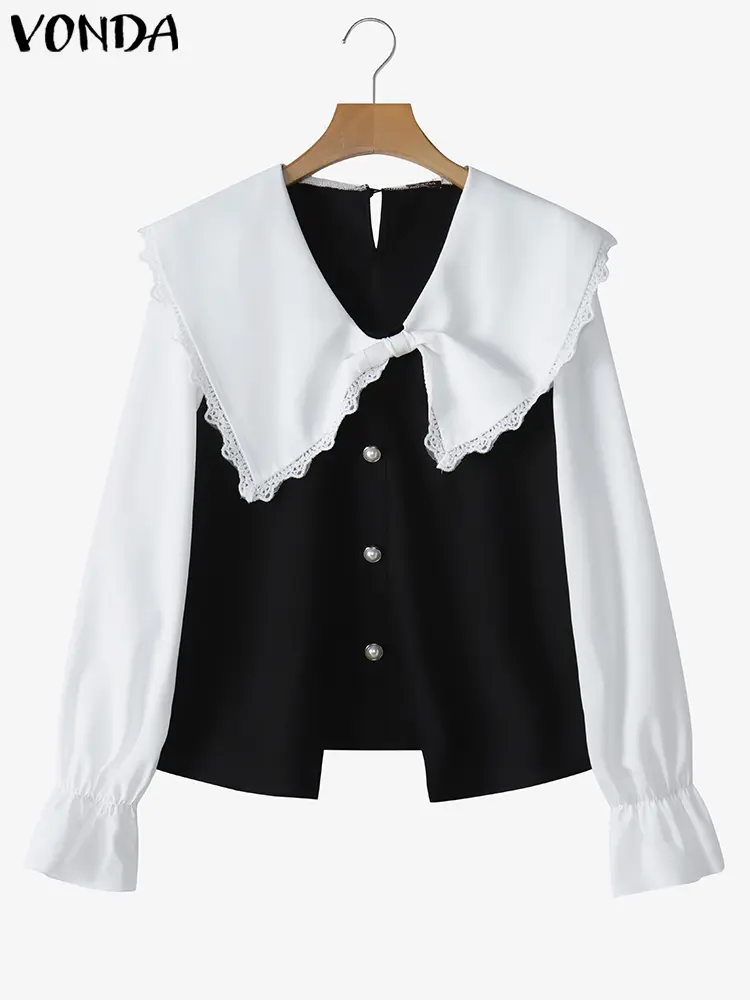 Women Doll Collar Tops Blouses Bohemian Long Sleeve Lace Patchwork Shirts Bow Tuncis 2025 VONDA Casual Loose Blusas Oversized