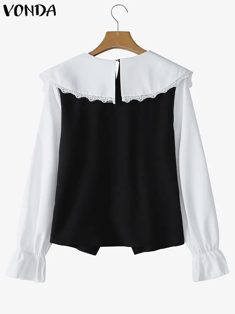 Women Doll Collar Tops Blouses Bohemian Long Sleeve Lace Patchwork Shirts Bow Tuncis 2025 VONDA Casual Loose Blusas Oversized