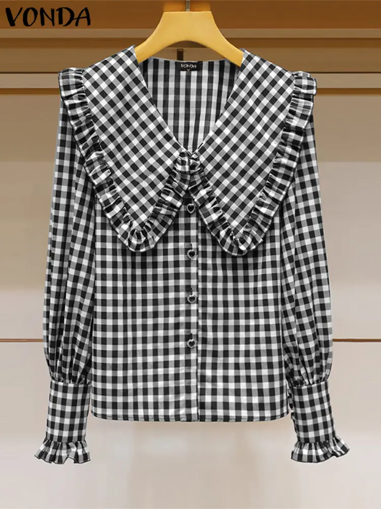 VONDA Plaid Patchwork Shirts Women Chemise Blouse 2025 Spring Long Sleeve Tops Casual Loose Lapel Collar Blusas Oversized