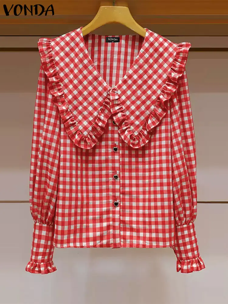 VONDA Plaid Patchwork Shirts Women Chemise Blouse 2025 Spring Long Sleeve Tops Casual Loose Lapel Collar Blusas Oversized