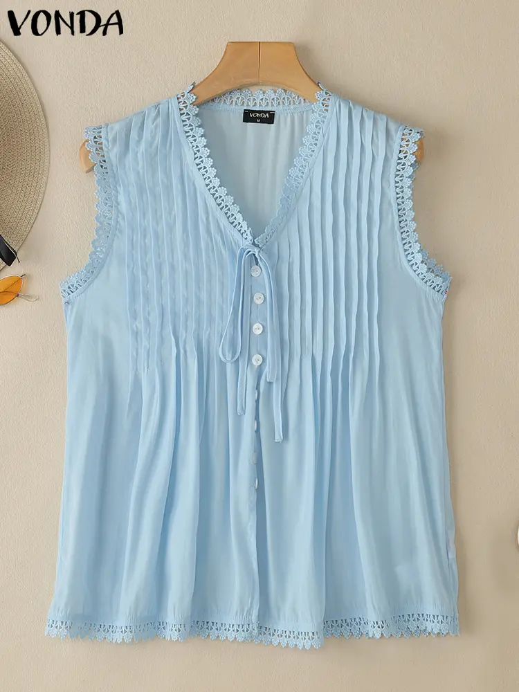 VONDA Summer Tanks Tops Women Casual V Neck Tanks Solid Color Blouses 2025 Beach Holiday Tees Sleeveless Pleated Lace-Up Tunic