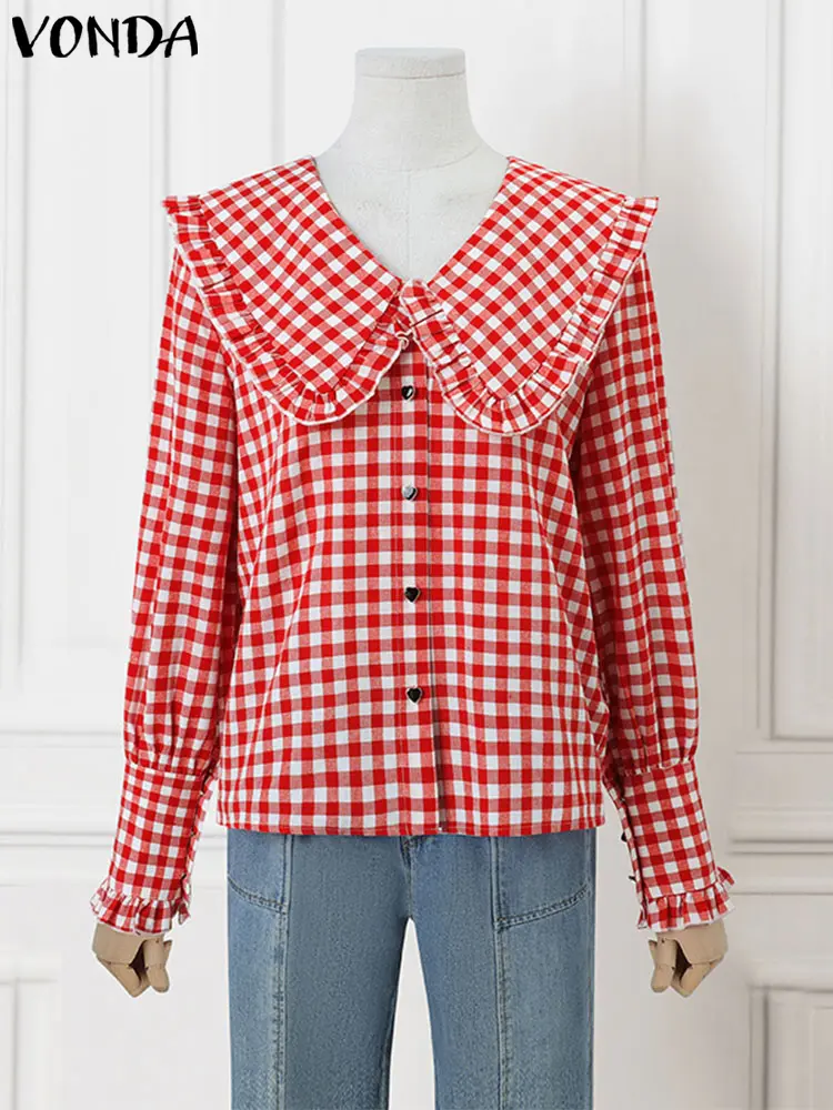 VONDA Plaid Patchwork Shirts Women Chemise Blouse 2025 Spring Long Sleeve Tops Casual Loose Lapel Collar Blusas Oversized