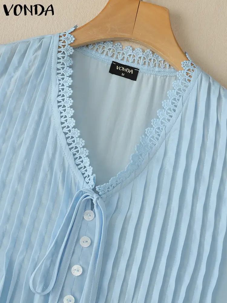 VONDA Summer Tanks Tops Women Casual V Neck Tanks Solid Color Blouses 2025 Beach Holiday Tees Sleeveless Pleated Lace-Up Tunic