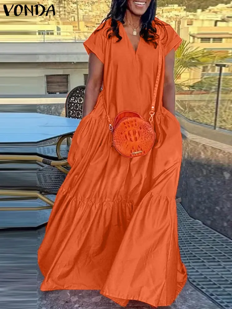 Plus Size VONDA Women Summer Dress 2025 Bohemian Ruffled Sundress Solid Color Casual Short Sleeve Party Vestidos V-Neck Robe