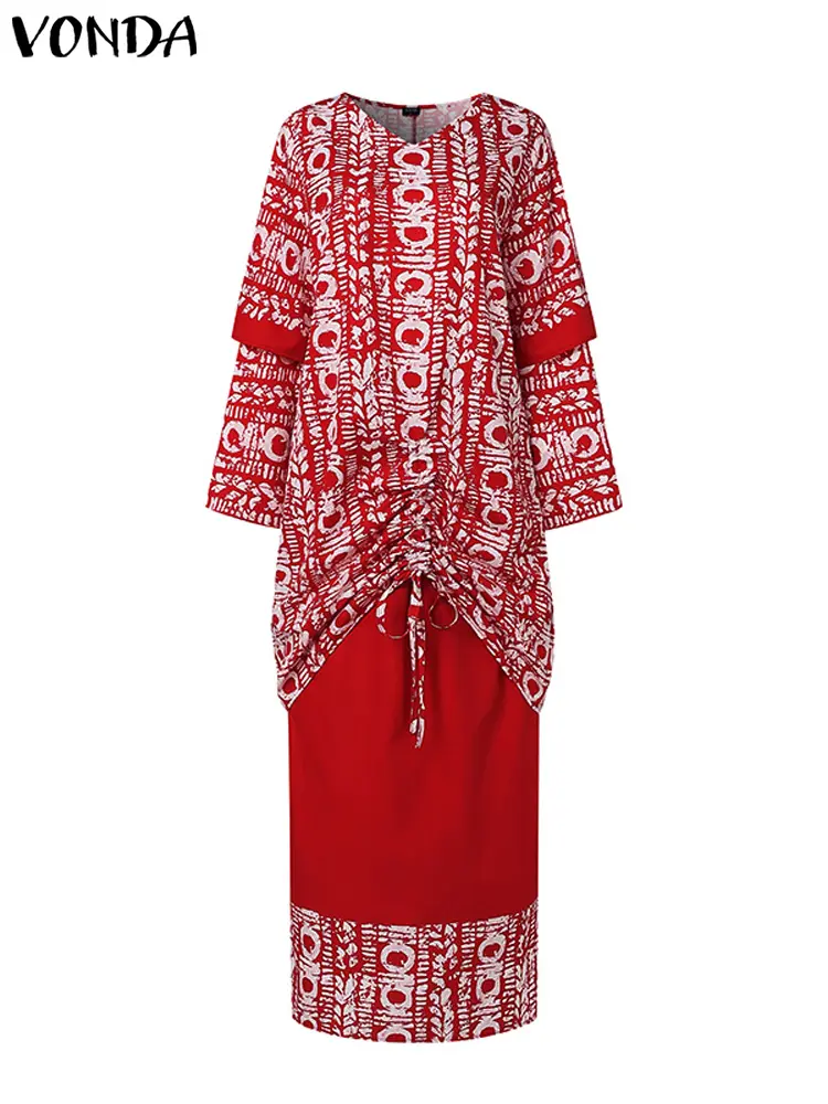 VONDA Women Sets 2024 Bohemian Printed Outfits Elegant Long Sleeve Top+Half Skirt Two-Piece Sets Casual Loose Holiday Suits